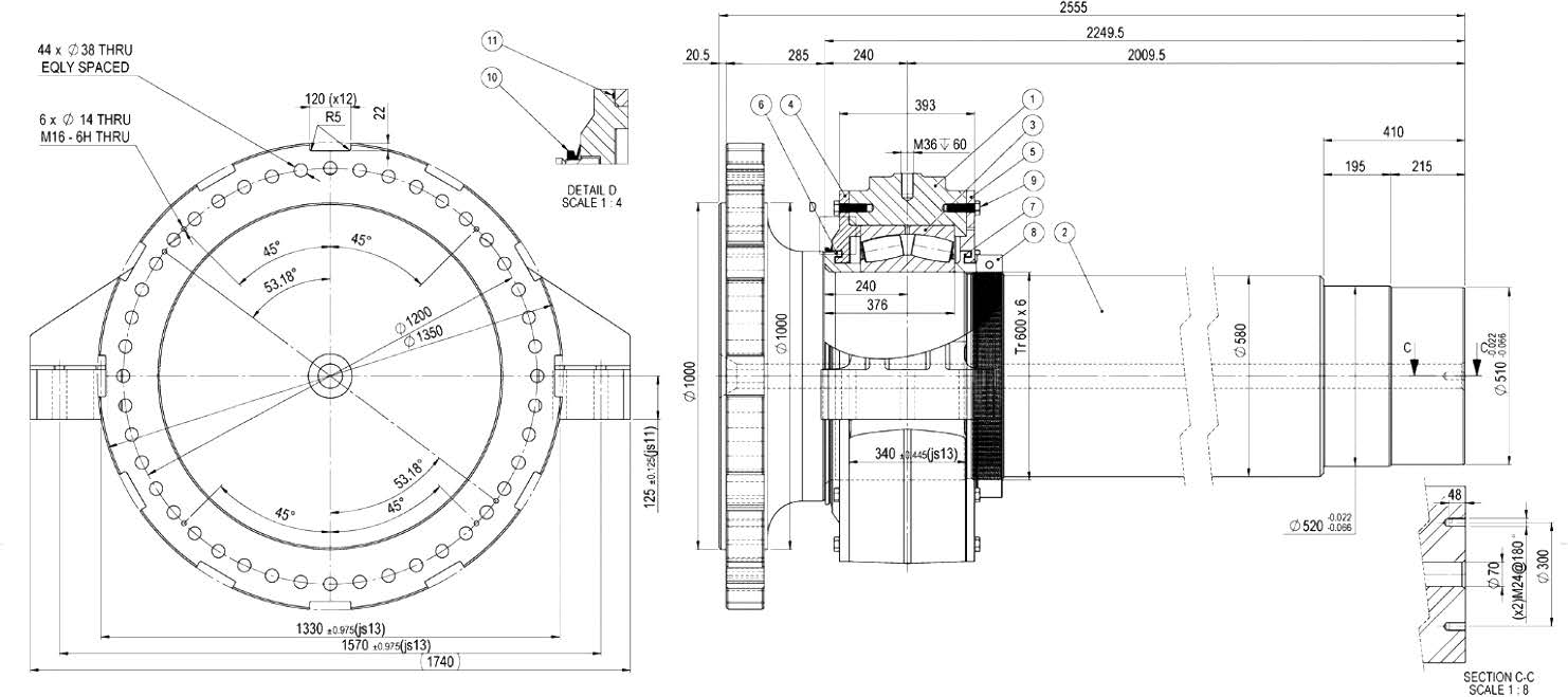 Rail and truck transportation of wind turbine main shaft assembly